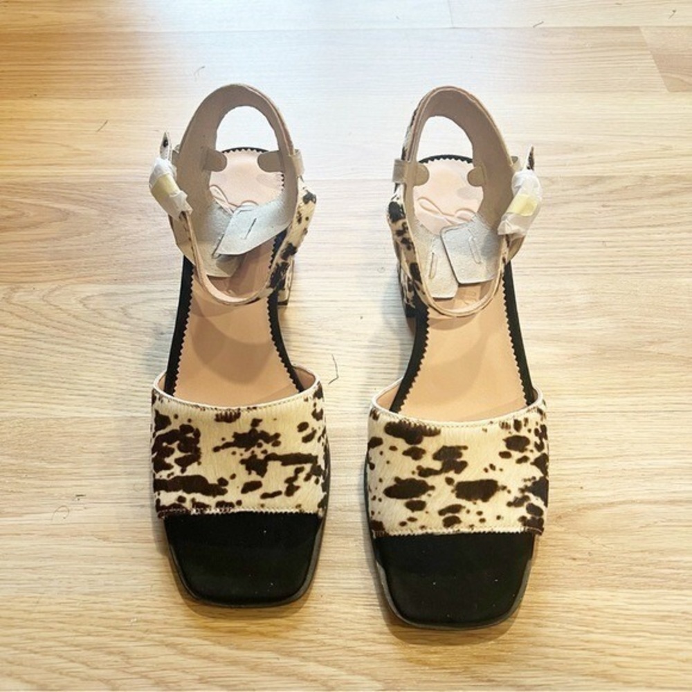 J.Crew Cow Print Calf Hair Block Heel Sandals Square Toe Brown White Womens 8 - Picture 4 of 11